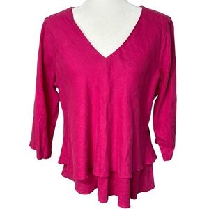 CLICK Color Me Cotton - Pink Linen V-Neck Layered Blouse -‎ Women's Size Large